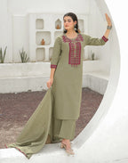 Ecru Beige Round Neck Embroidered Mirror Work Straight 3 Piece Kurta Set with Dupatta