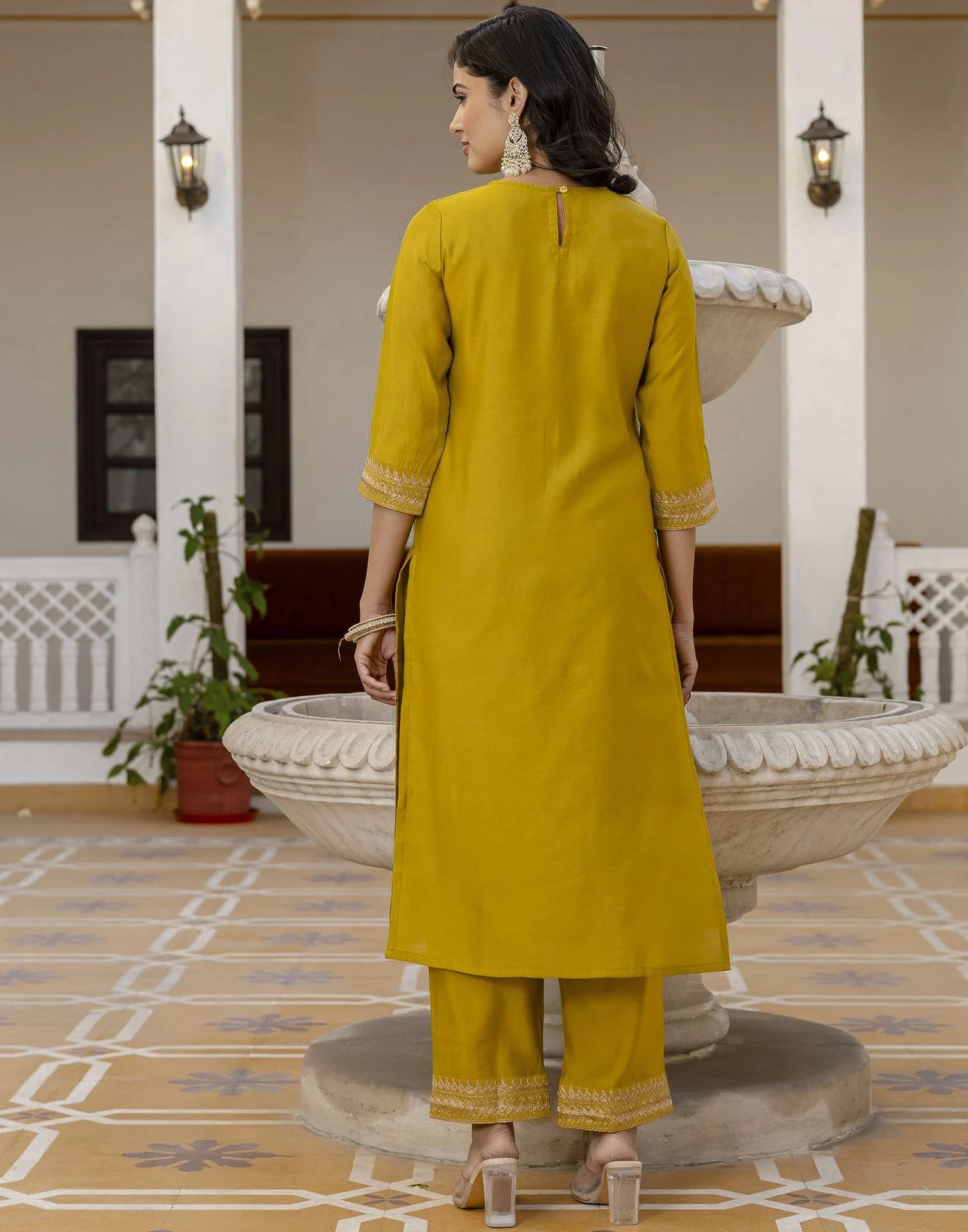 Yellow Silk Embroidered Straight Kurta with Pant and Dupatta