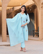 Soft Cyan Blue Keyhole Neck Embroidered Straight 3 Piece Kurta Set with Dupatta