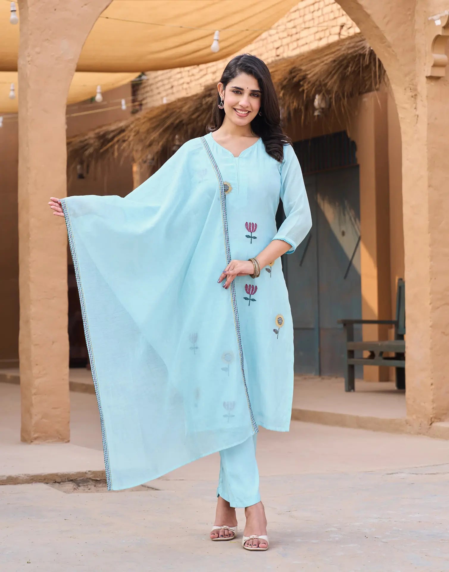 Soft Cyan Blue Keyhole Neck Embroidered Straight 3 Piece Kurta Set with Dupatta