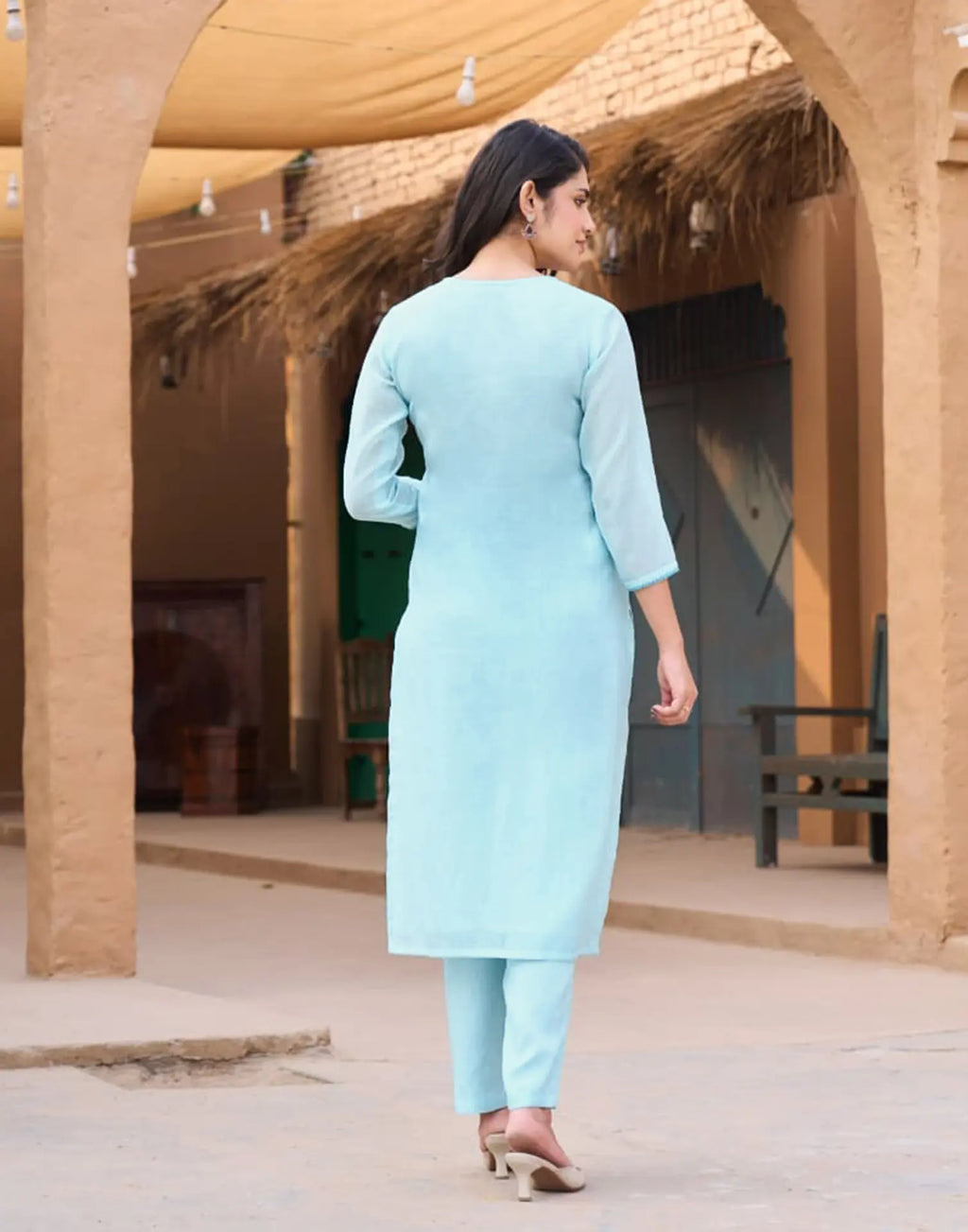 Soft Cyan Blue Keyhole Neck Embroidered Straight 3 Piece Kurta Set with Dupatta