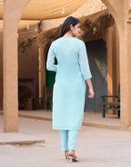 Soft Cyan Blue Keyhole Neck Embroidered Straight 3 Piece Kurta Set with Dupatta