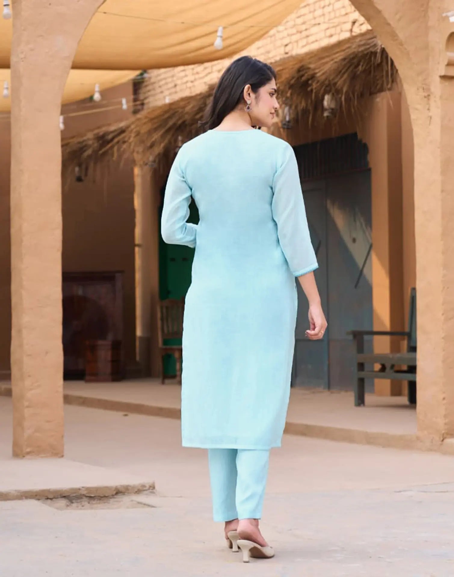 Soft Cyan Blue Keyhole Neck Embroidered Straight 3 Piece Kurta Set with Dupatta