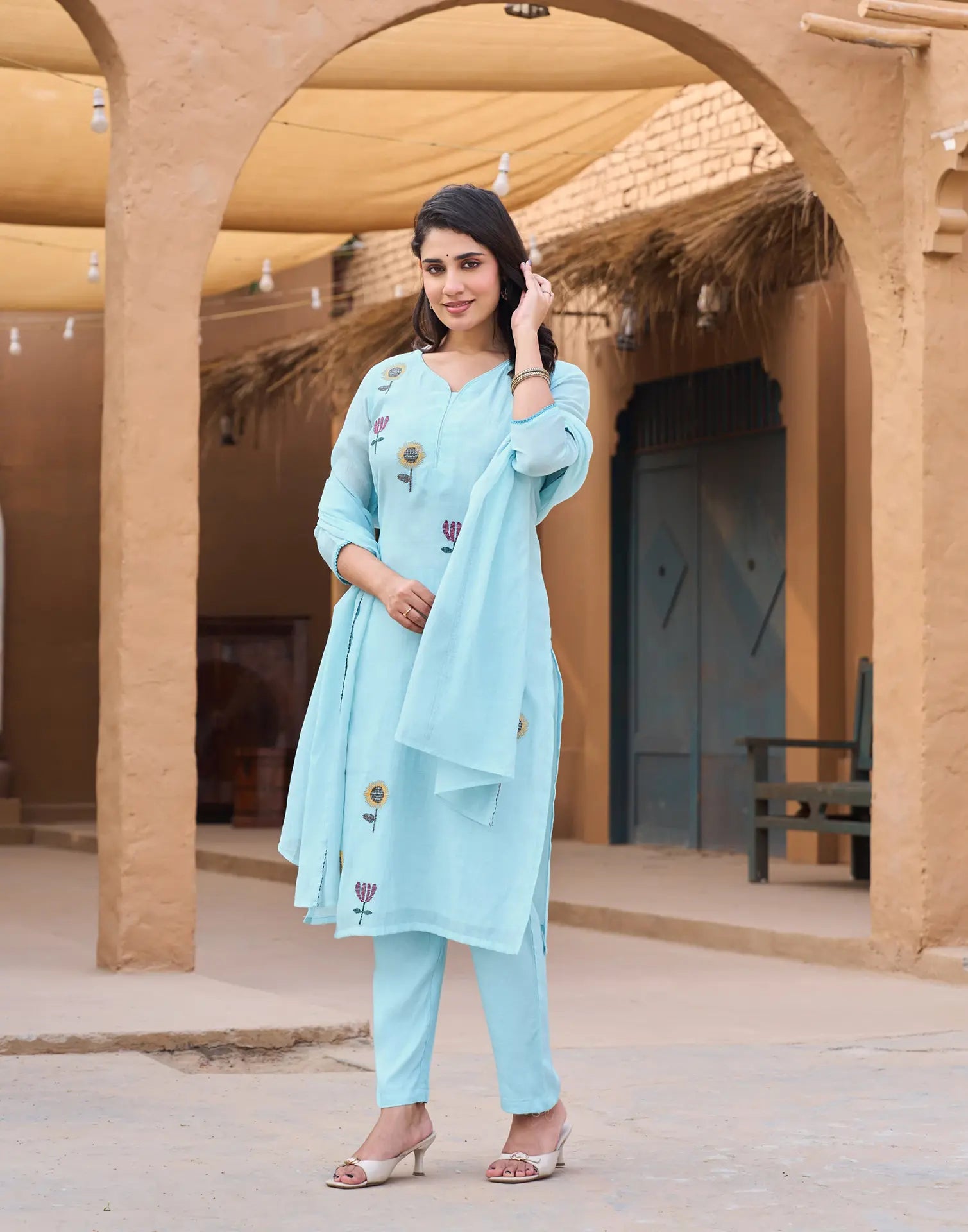 Soft Cyan Blue Keyhole Neck Embroidered Straight 3 Piece Kurta Set with Dupatta