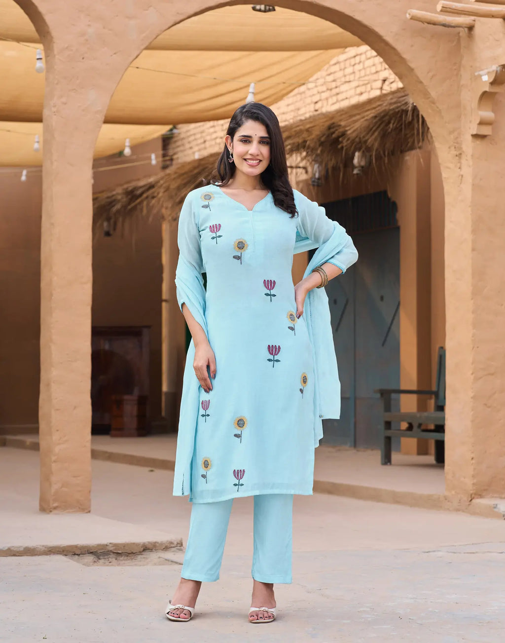 Soft Cyan Blue Keyhole Neck Embroidered Straight 3 Piece Kurta Set with Dupatta