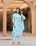 Soft Cyan Blue Keyhole Neck Embroidered Straight 3 Piece Kurta Set with Dupatta