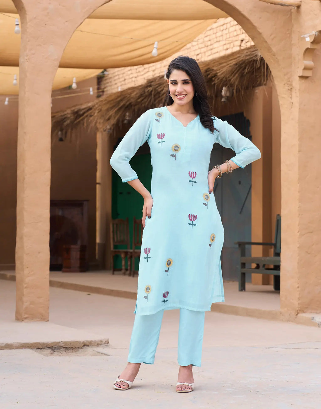 Soft Cyan Blue Keyhole Neck Embroidered Straight 3 Piece Kurta Set with Dupatta