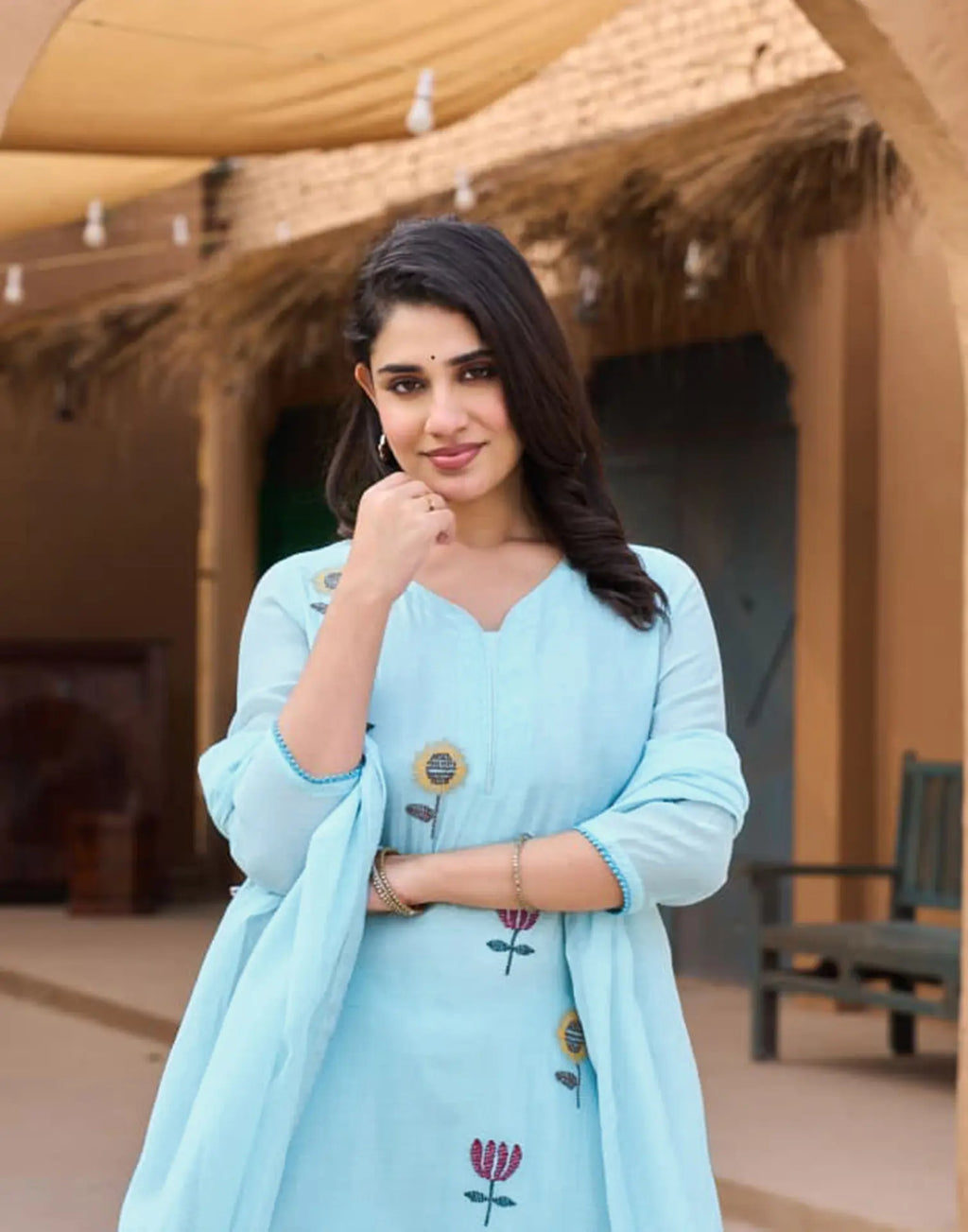 Soft Cyan Blue Keyhole Neck Embroidered Straight 3 Piece Kurta Set with Dupatta