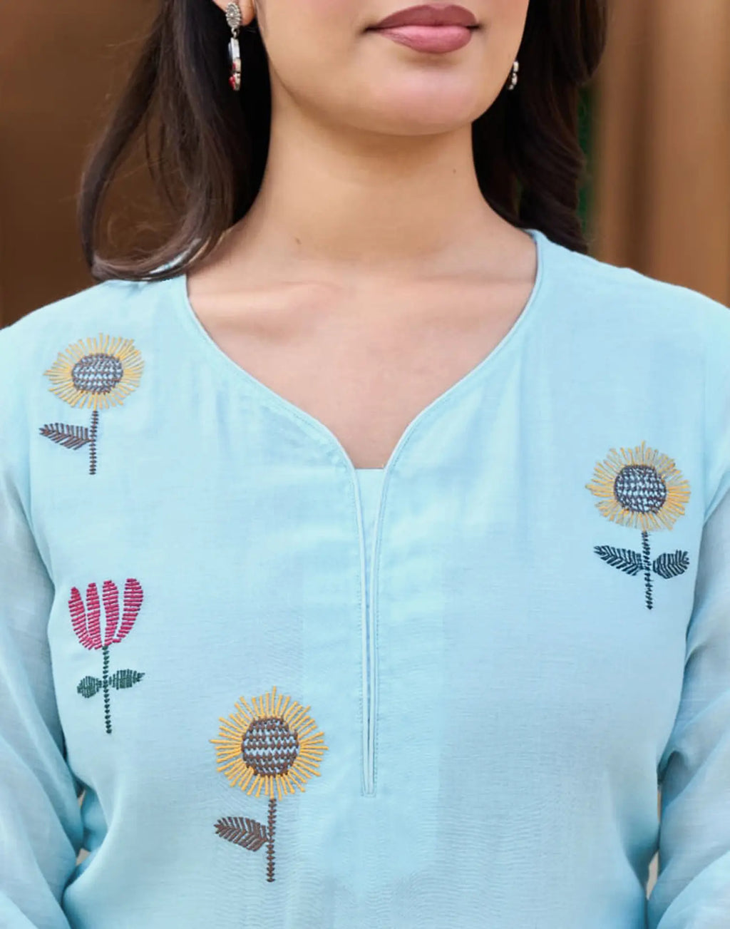 Soft Cyan Blue Keyhole Neck Embroidered Straight 3 Piece Kurta Set with Dupatta