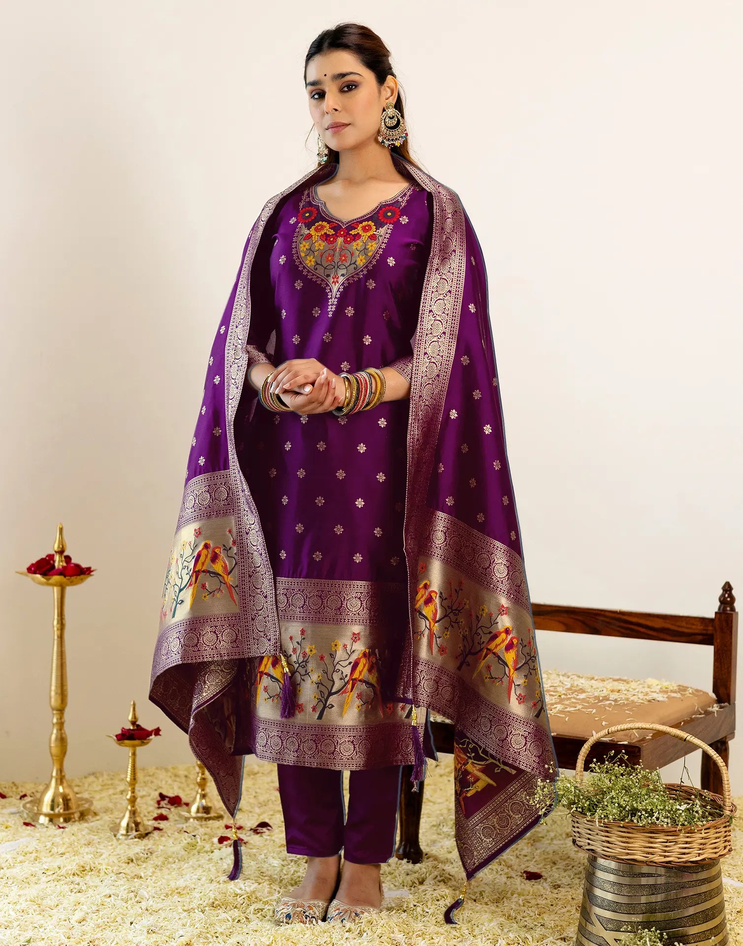 Skylee Silk Woven Straight 3 Piece Kurta Set For Woman