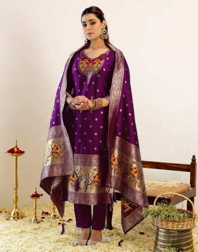 Silk Woven Straight 3 Piece Kurta Set