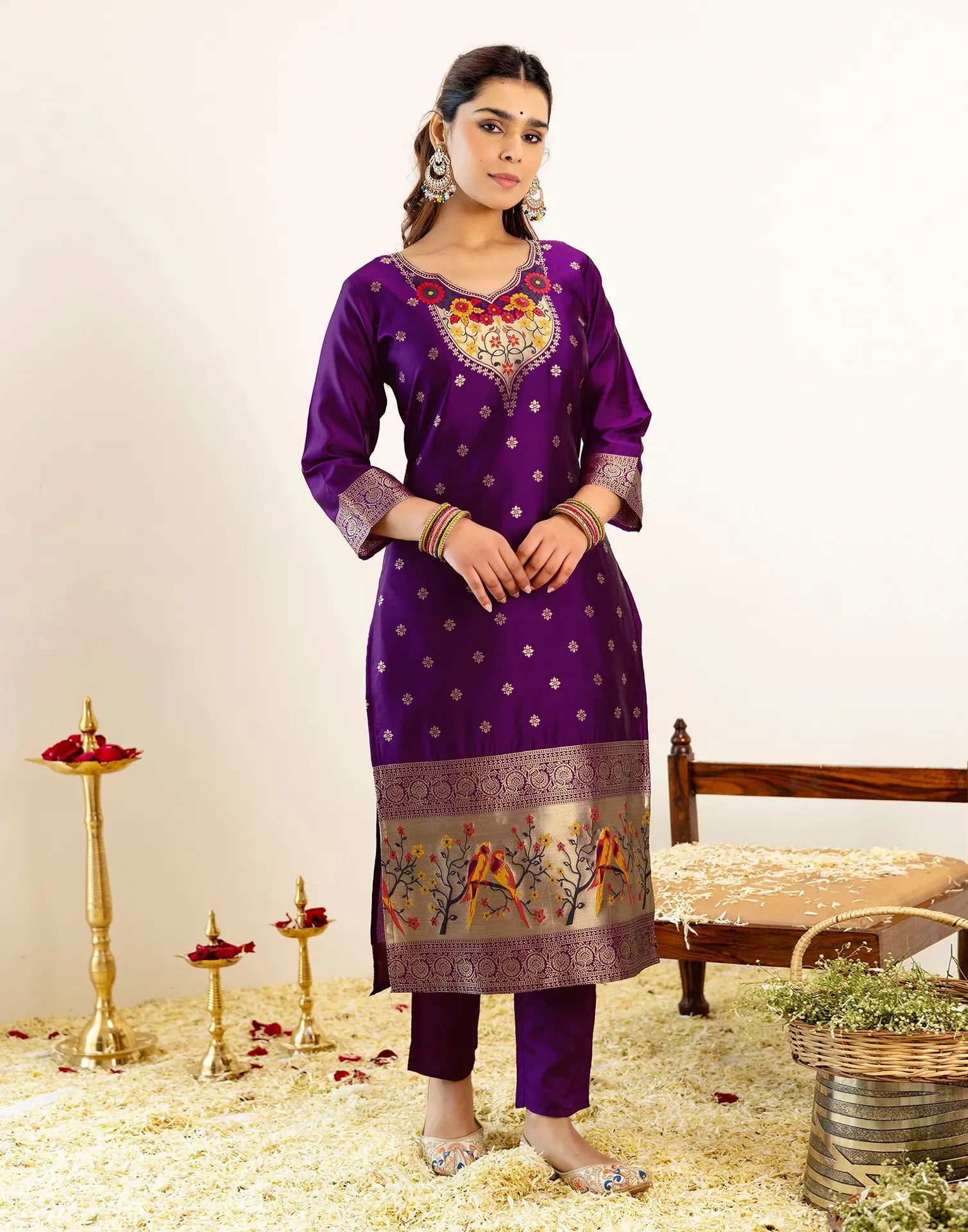 Skylee Silk Woven Straight 3 Piece Kurta Set For Woman