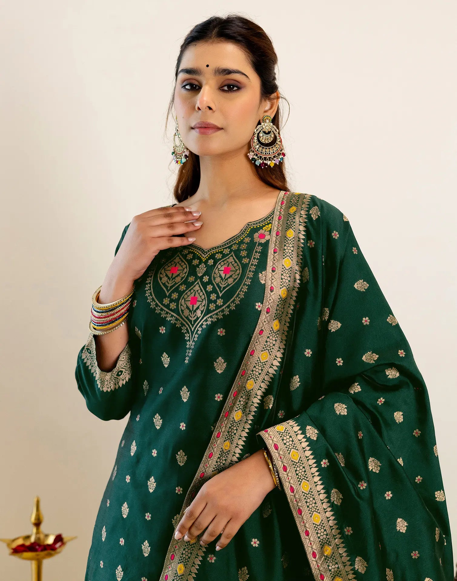 Skylee Silk Woven Straight 3 Piece Kurta Set For Woman