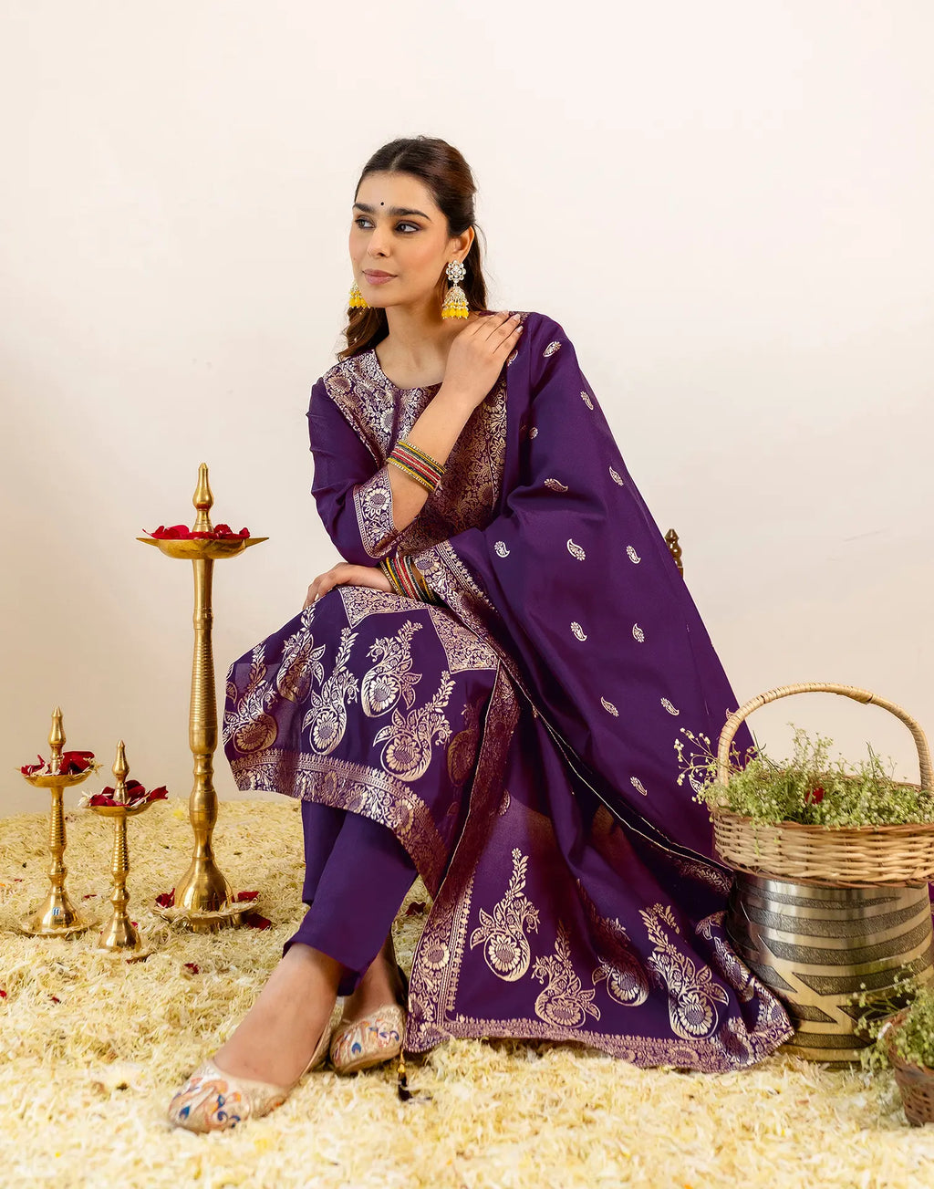 Skylee Silk Woven Straight 3 Piece Kurta Set For Woman