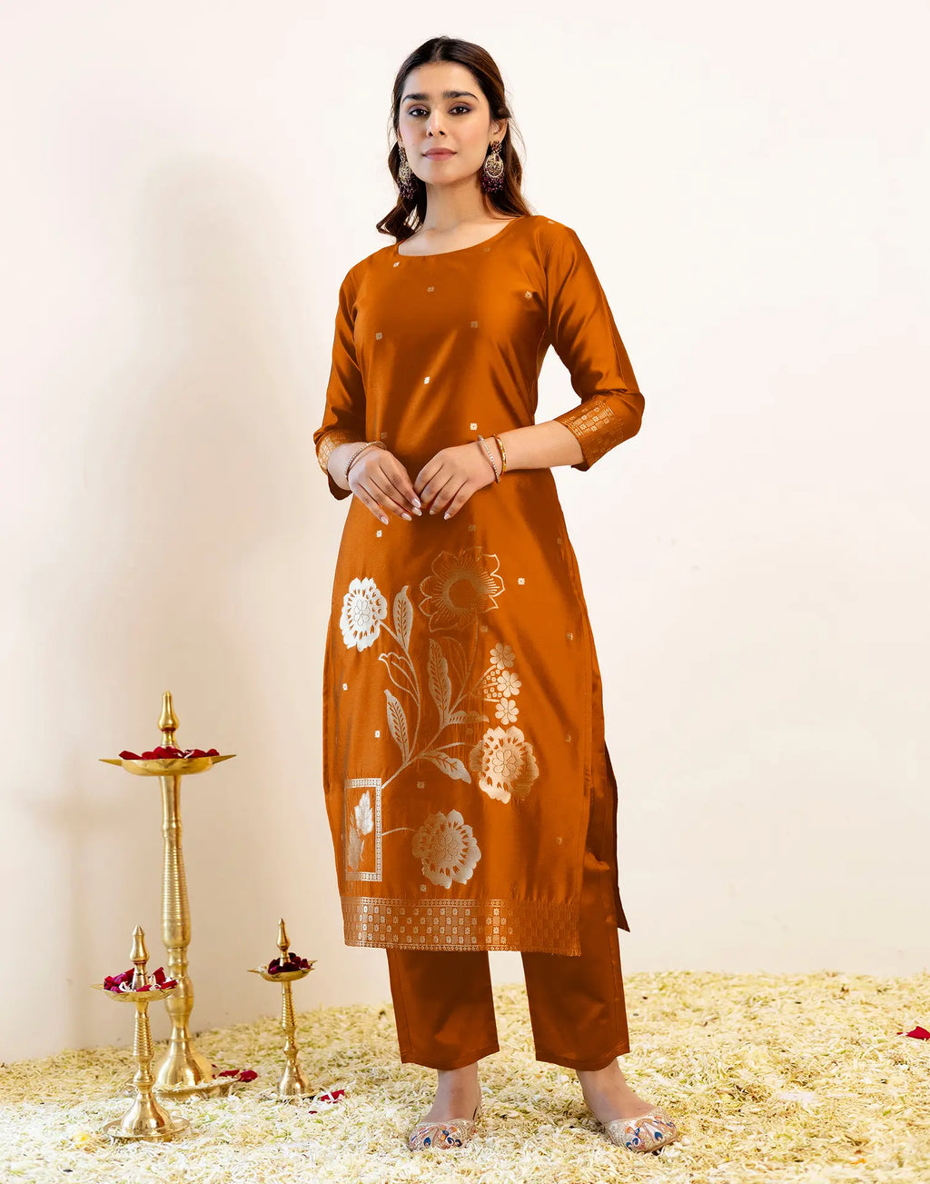 Skylee Silk Woven Straight 3 Piece Kurta Set For Woman