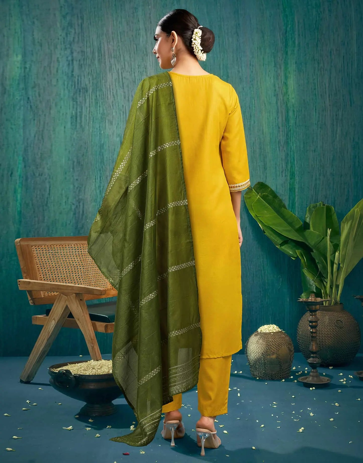 Cotton Blend Embroidery and Lace Straight Kurta with Pant & Dupatta
