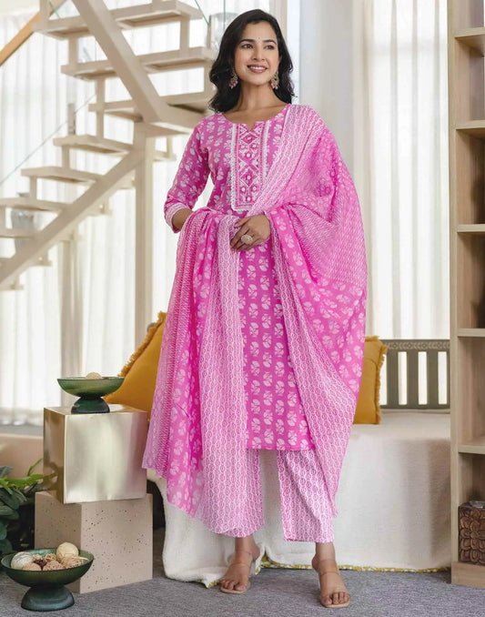 Affordable Red Cotton Printed Straight Kurta Set Round-Neck Cotton Kurti with Pant & Dupatta