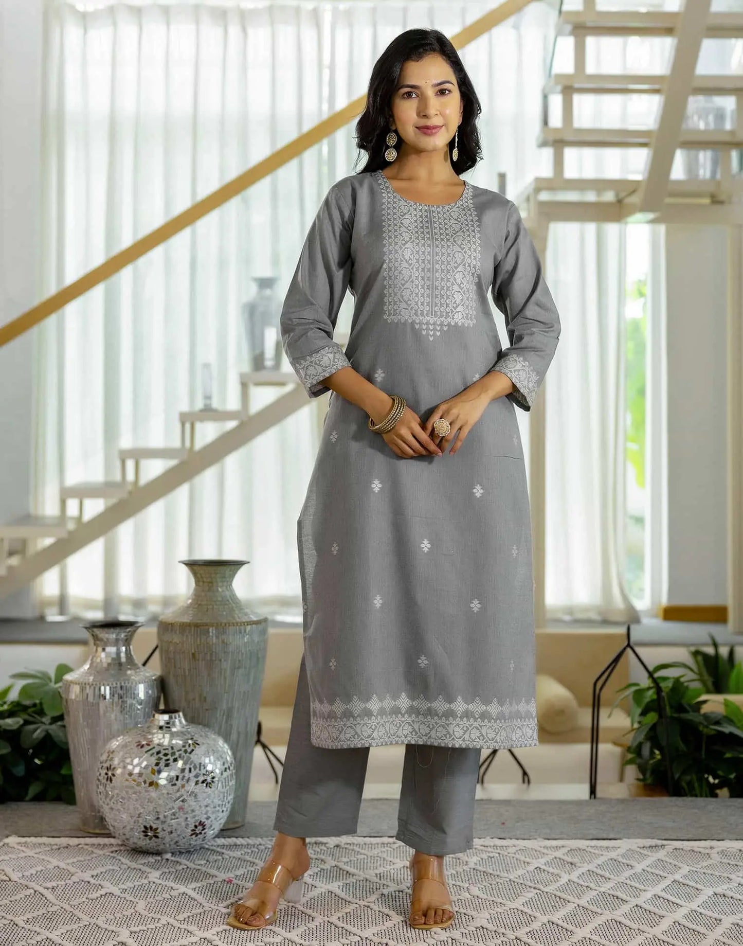 Grey Cotton Woven Straight Kurta Set with Pant & Dupatta under 1250