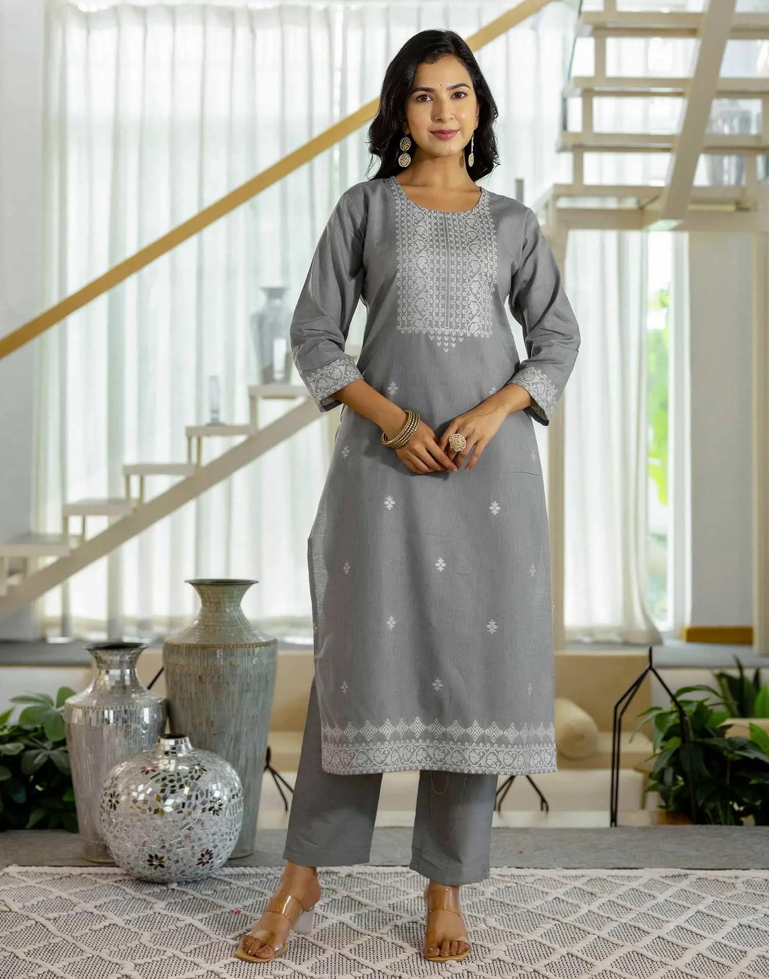 Grey Cotton Woven Straight Kurta Set with Pant & Dupatta under 1250