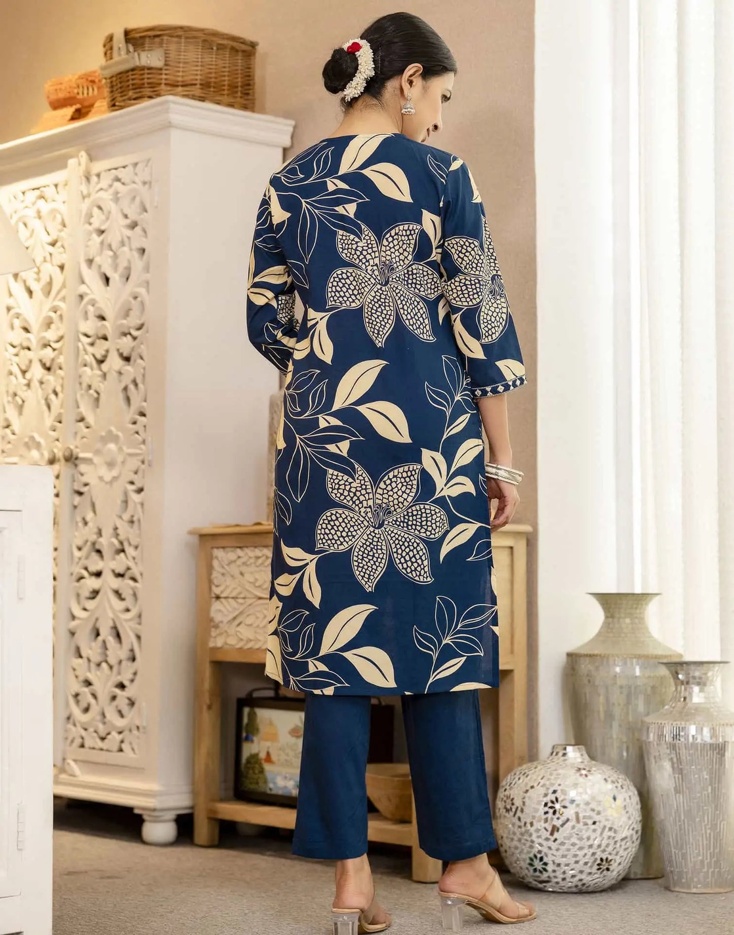 Blue Cotton Printed Straight Kurta Set with Pant & Dupatta under 799