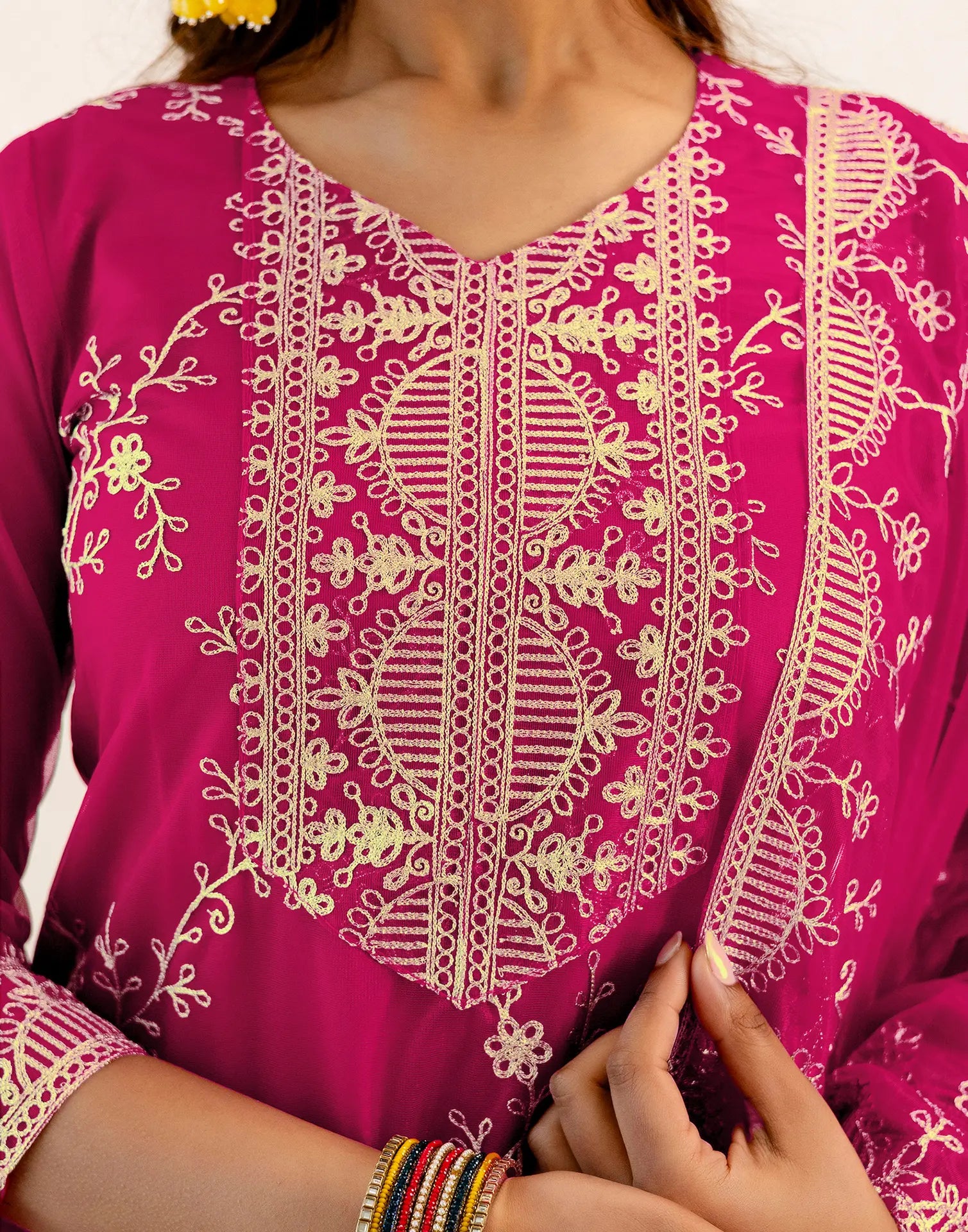 Skylee Net Embroidered Straight 3 Piece Kurta Set For Woman