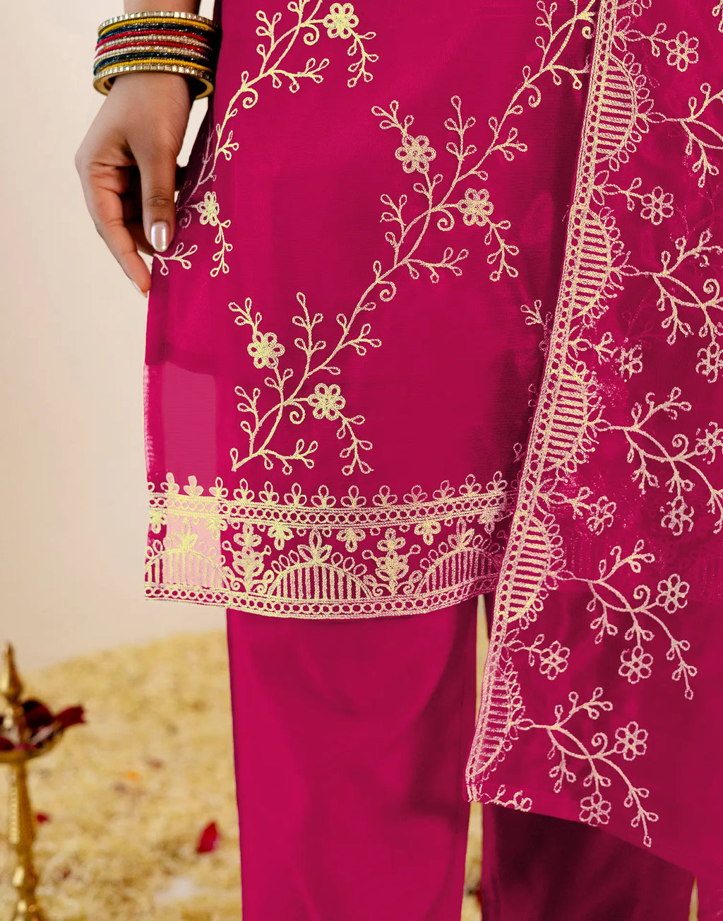 Skylee Net Embroidered Straight 3 Piece Kurta Set For Woman