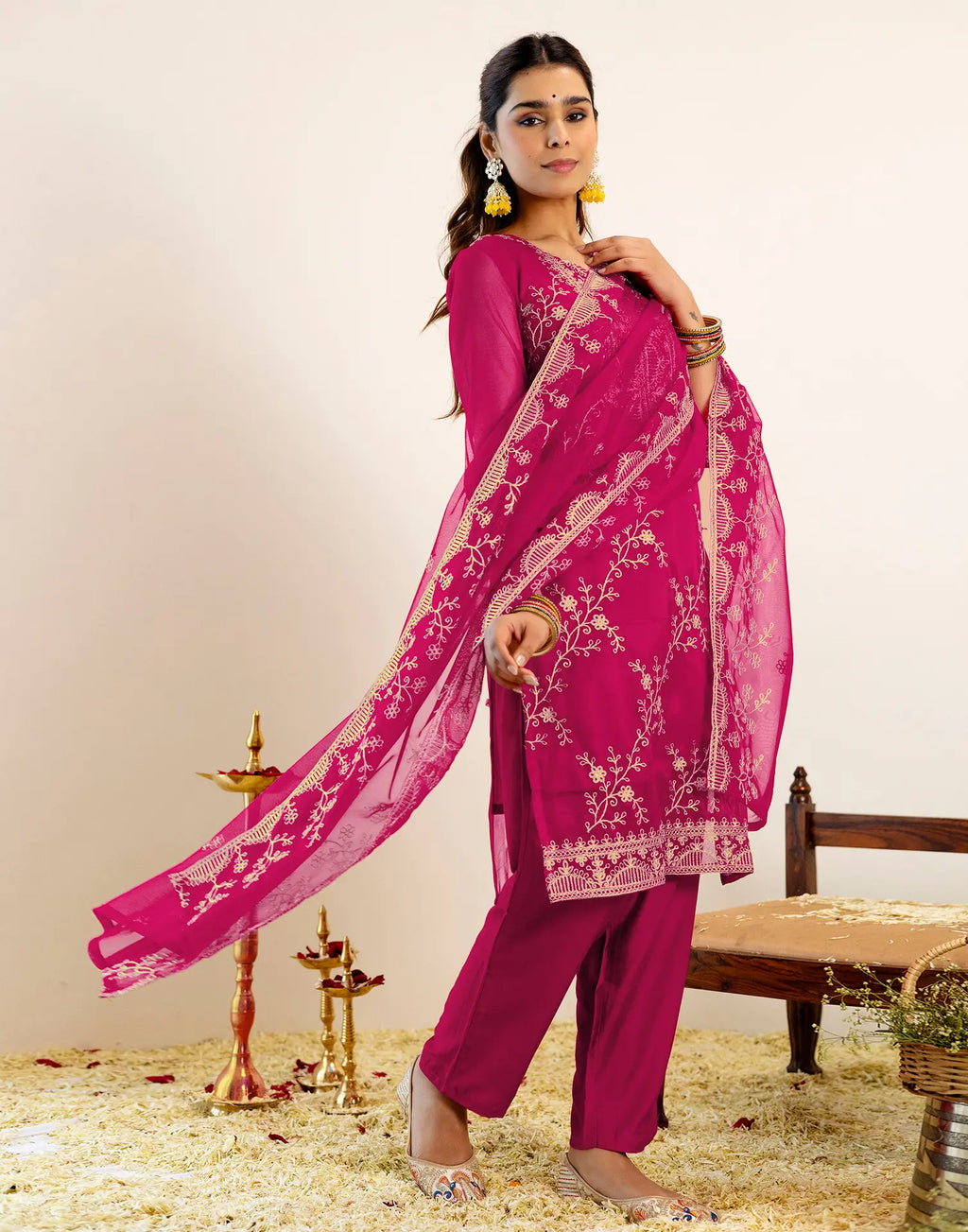 Skylee Net Embroidered Straight 3 Piece Kurta Set For Woman
