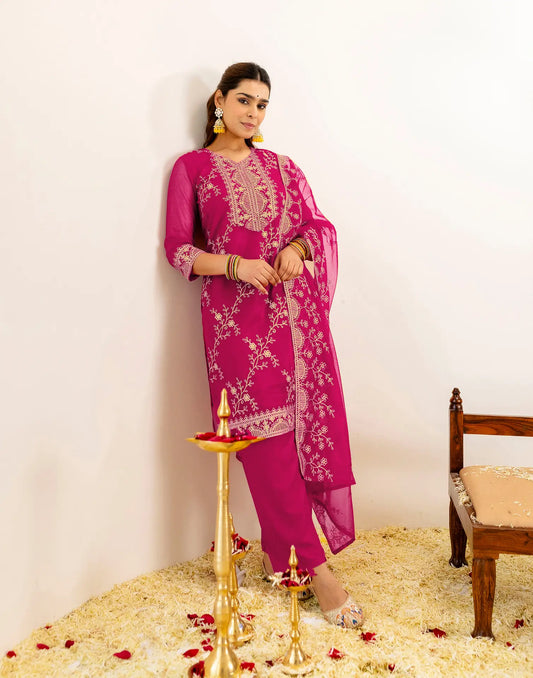 Net Embroidered Straight 3 Piece Kurta Set
