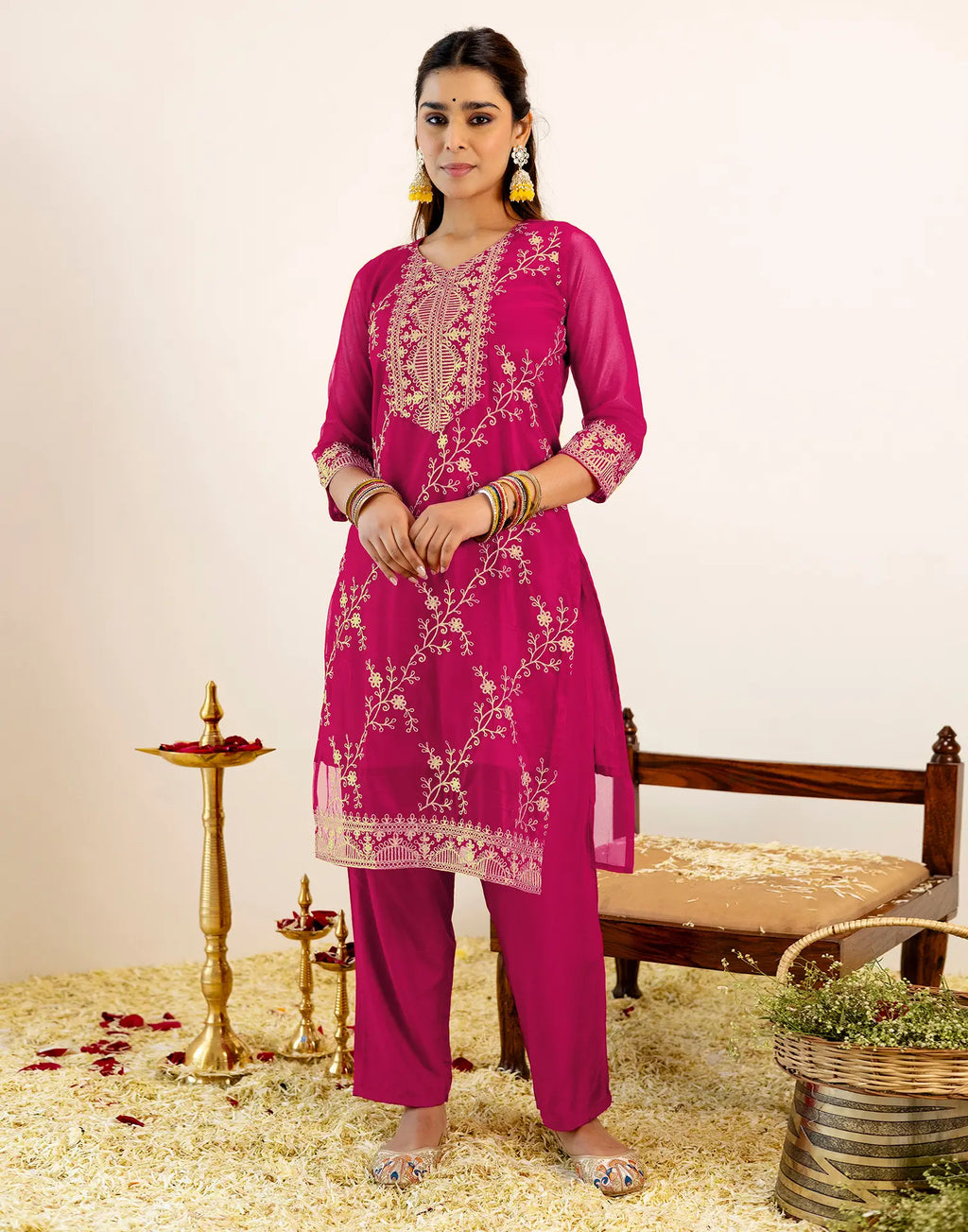 Skylee Net Embroidered Straight 3 Piece Kurta Set For Woman