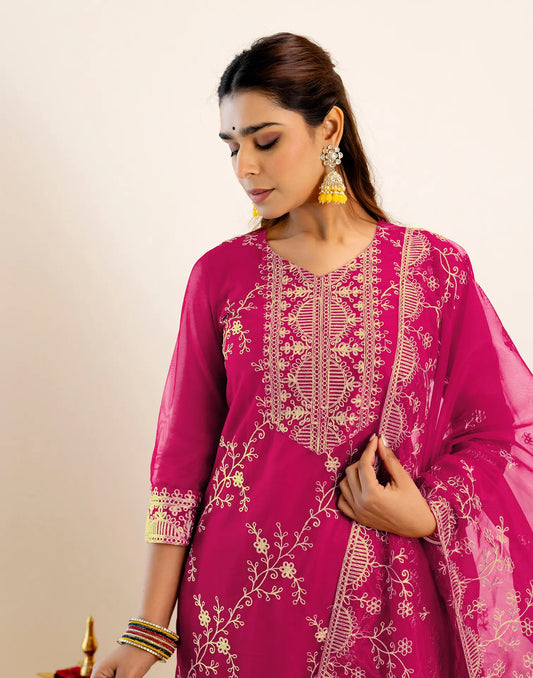 Net Embroidered Straight 3 Piece Kurta Set