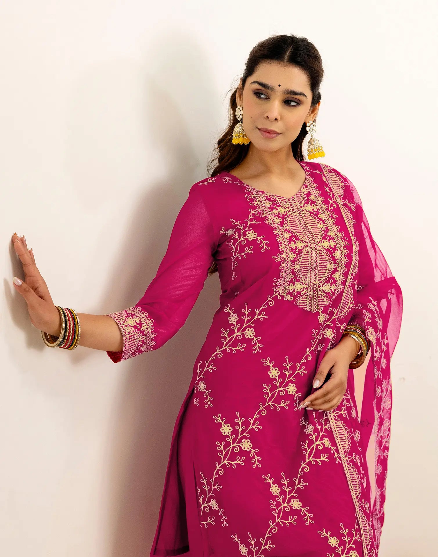 Skylee Net Embroidered Straight 3 Piece Kurta Set For Woman