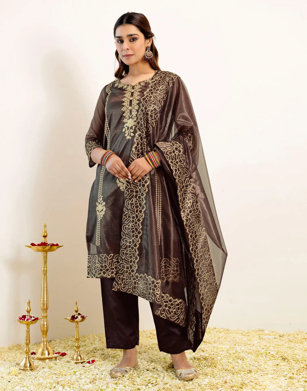 Skylee Net Embroidered Straight 3 Piece Kurta Set For Woman