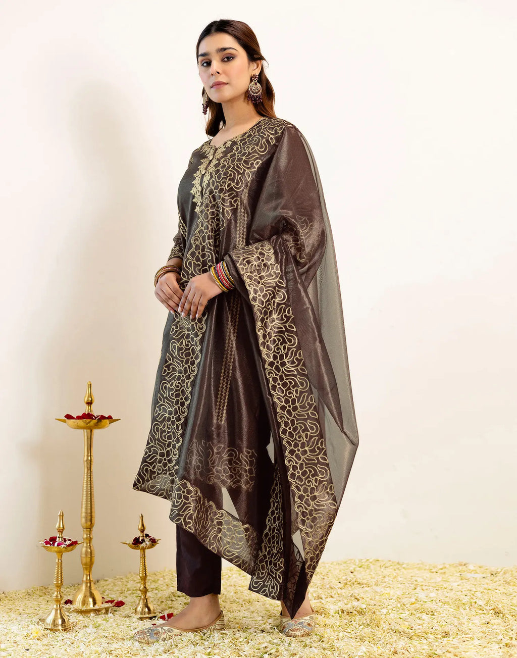Skylee Net Embroidered Straight 3 Piece Kurta Set For Woman