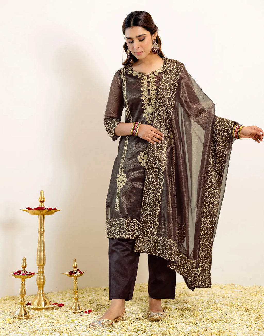 Skylee Net Embroidered Straight 3 Piece Kurta Set For Woman