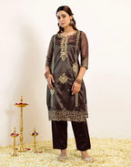 Skylee Net Embroidered Straight 3 Piece Kurta Set For Woman