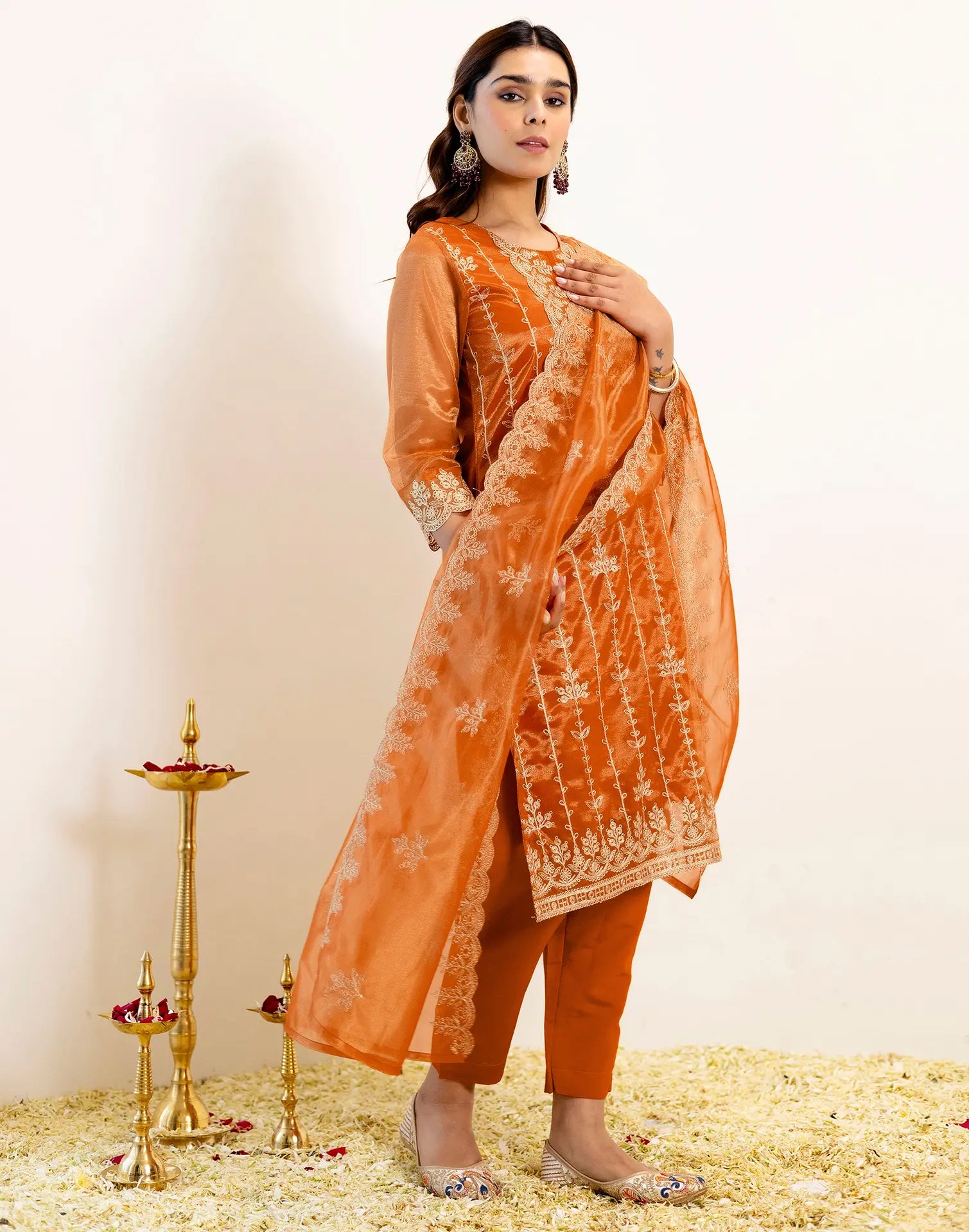 Skylee Net Embroidered Straight 3 Piece Kurta Set For Woman
