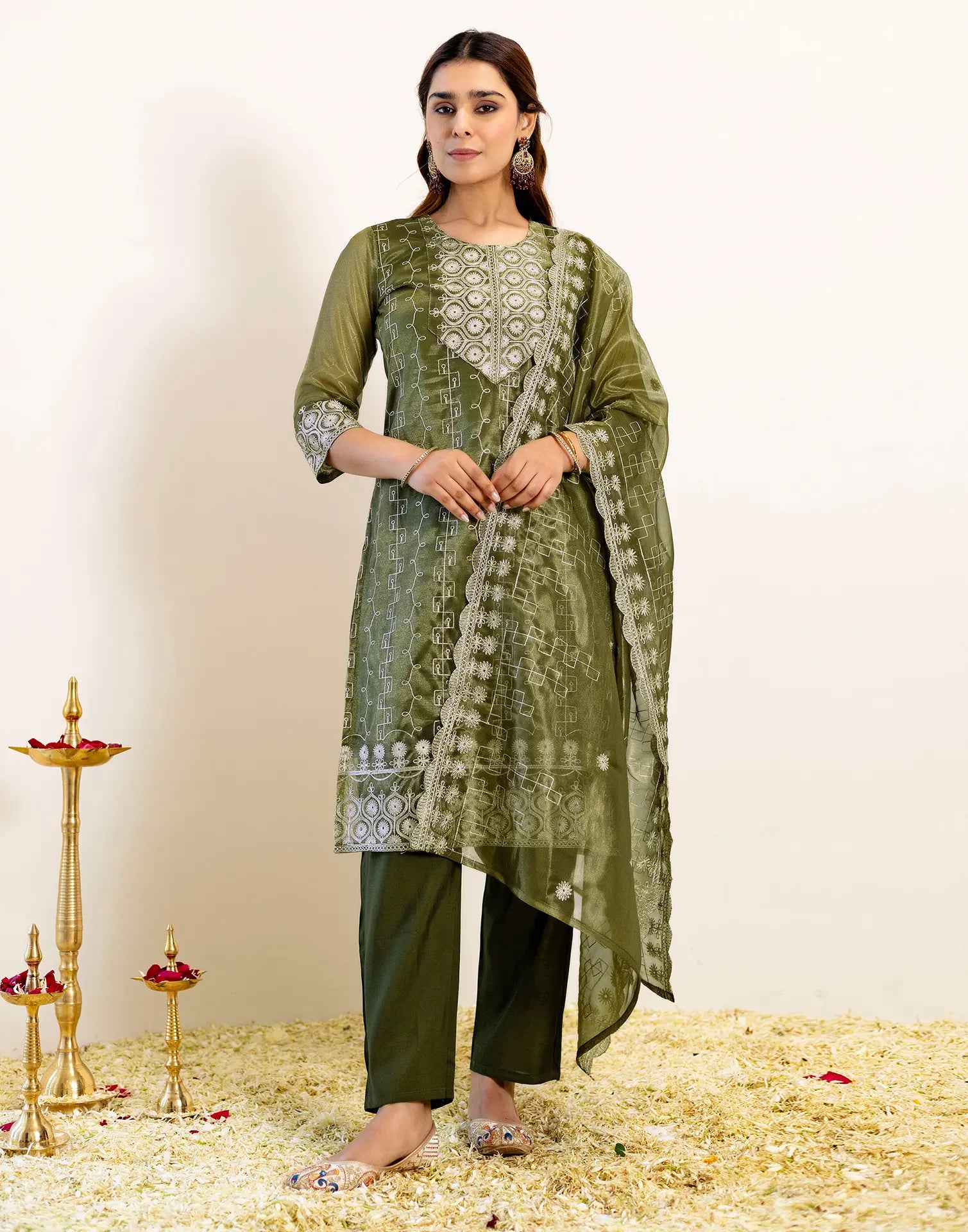 Skylee Net Embroidered Straight 3 Piece Kurta Set For Woman