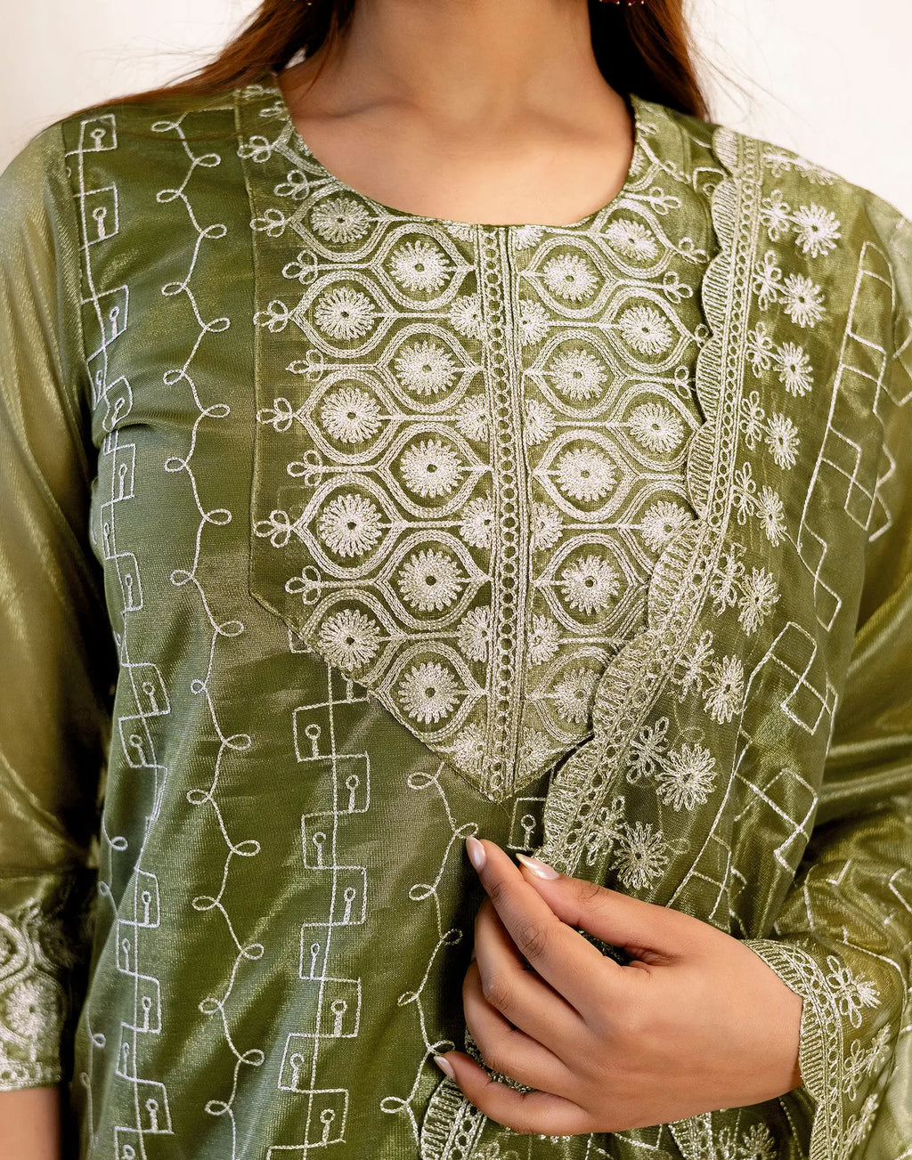 Skylee Net Embroidered Straight 3 Piece Kurta Set For Woman