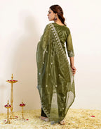Skylee Net Embroidered Straight 3 Piece Kurta Set For Woman