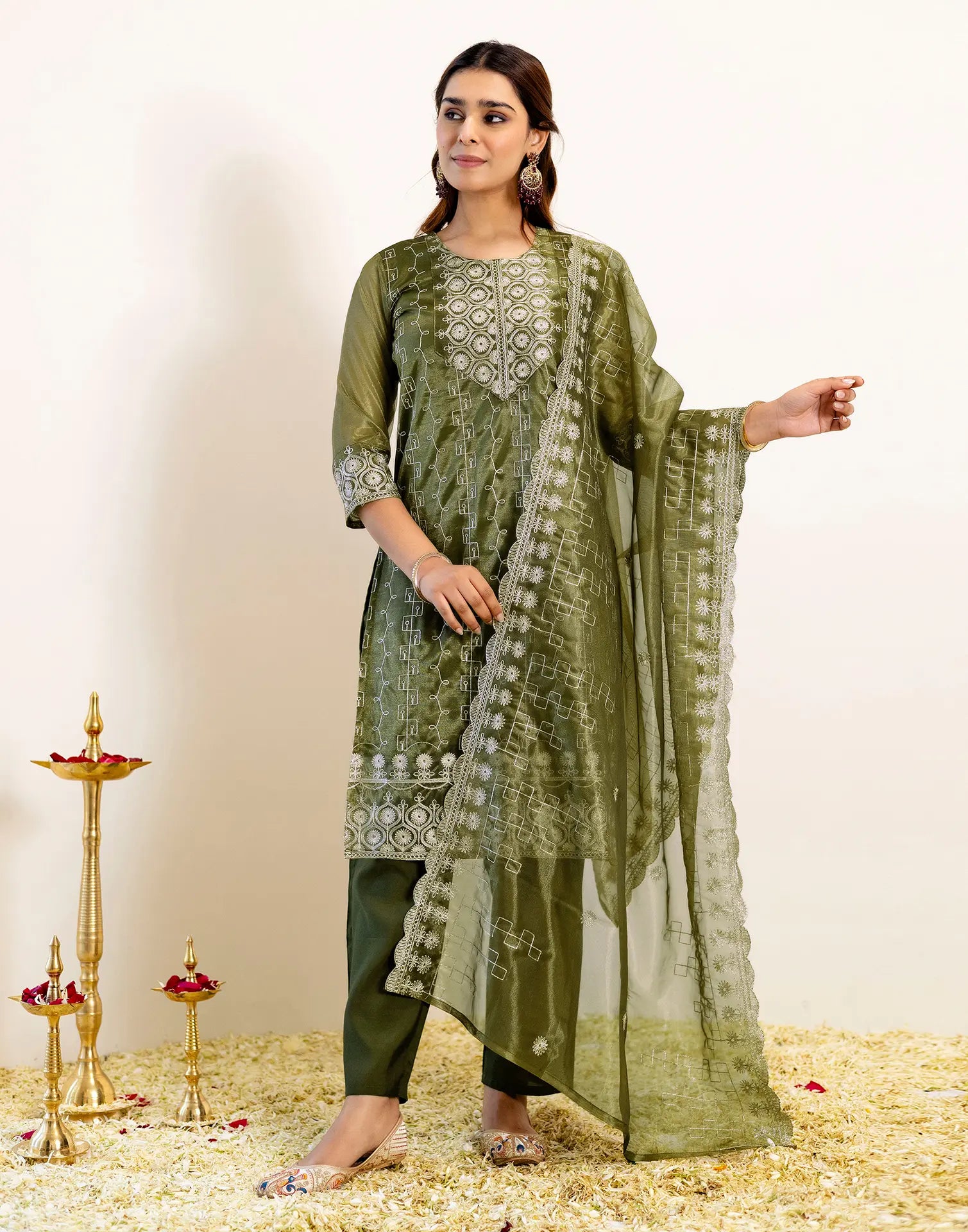 Skylee Net Embroidered Straight 3 Piece Kurta Set For Woman