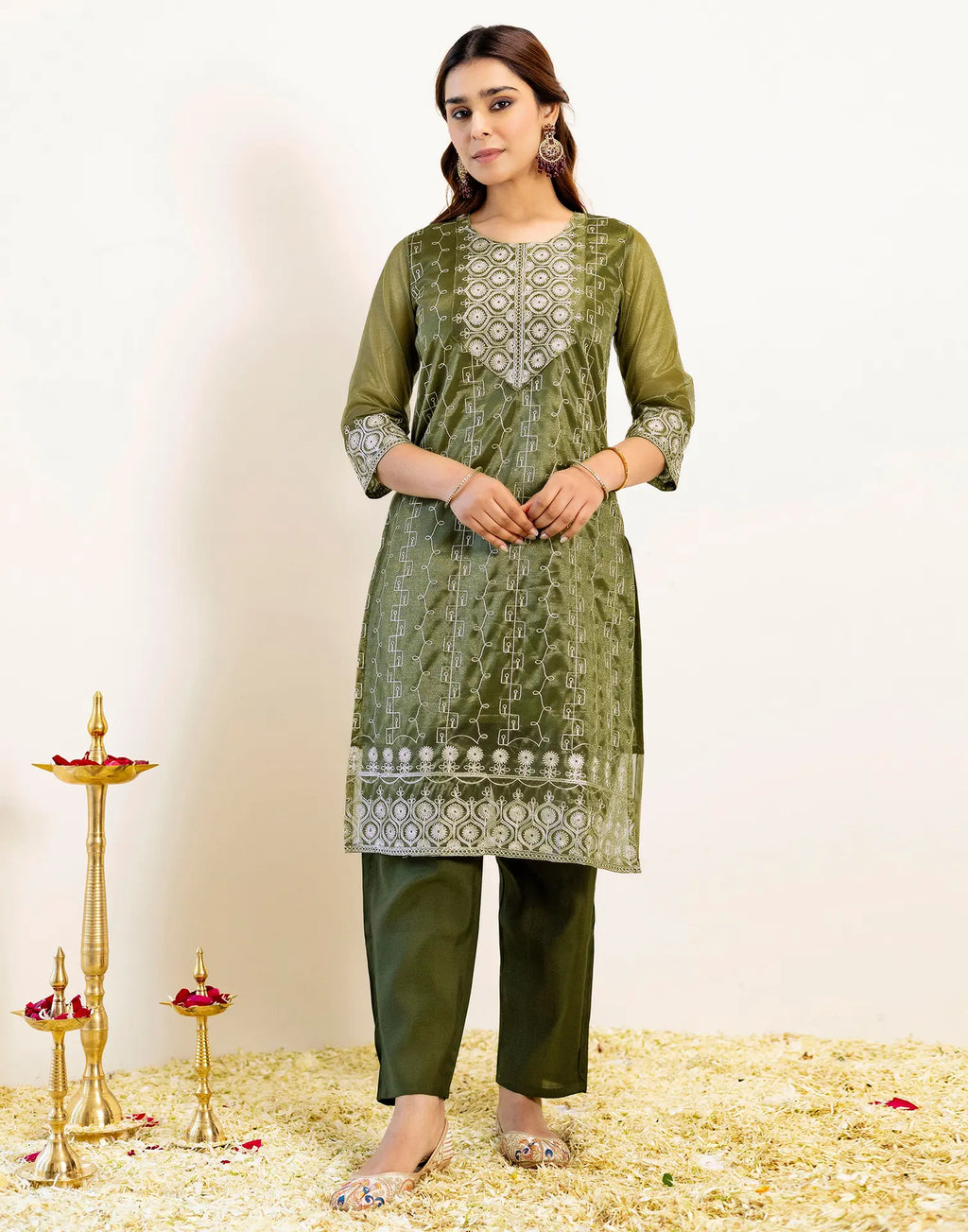 Skylee Net Embroidered Straight 3 Piece Kurta Set For Woman