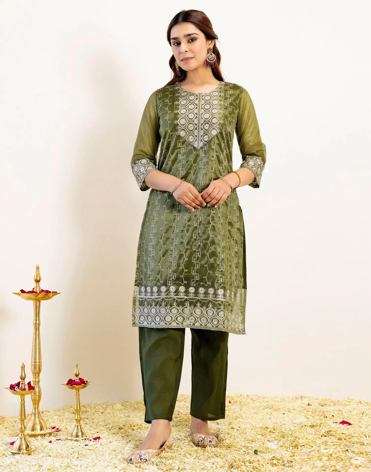 Skylee Net Embroidered Straight 3 Piece Kurta Set For Woman