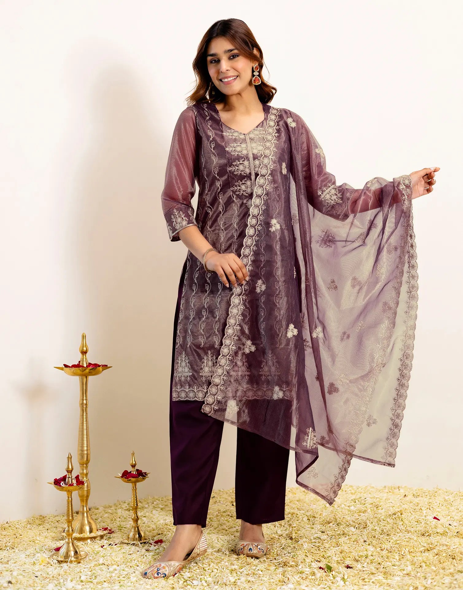 Skylee Net Embroidered Straight 3 Piece Kurta Set For Woman