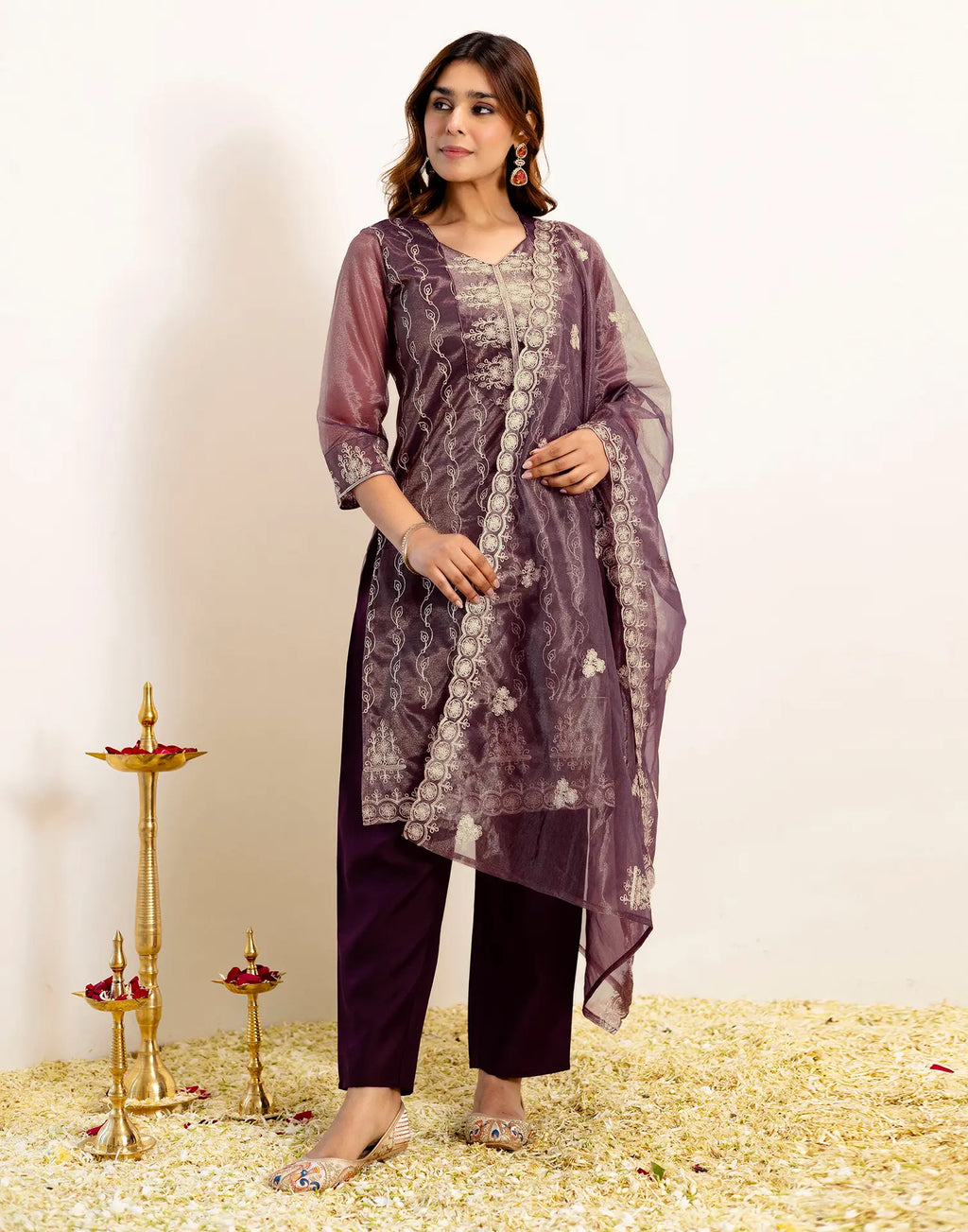 Skylee Net Embroidered Straight 3 Piece Kurta Set For Woman