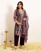 Skylee Net Embroidered Straight 3 Piece Kurta Set For Woman