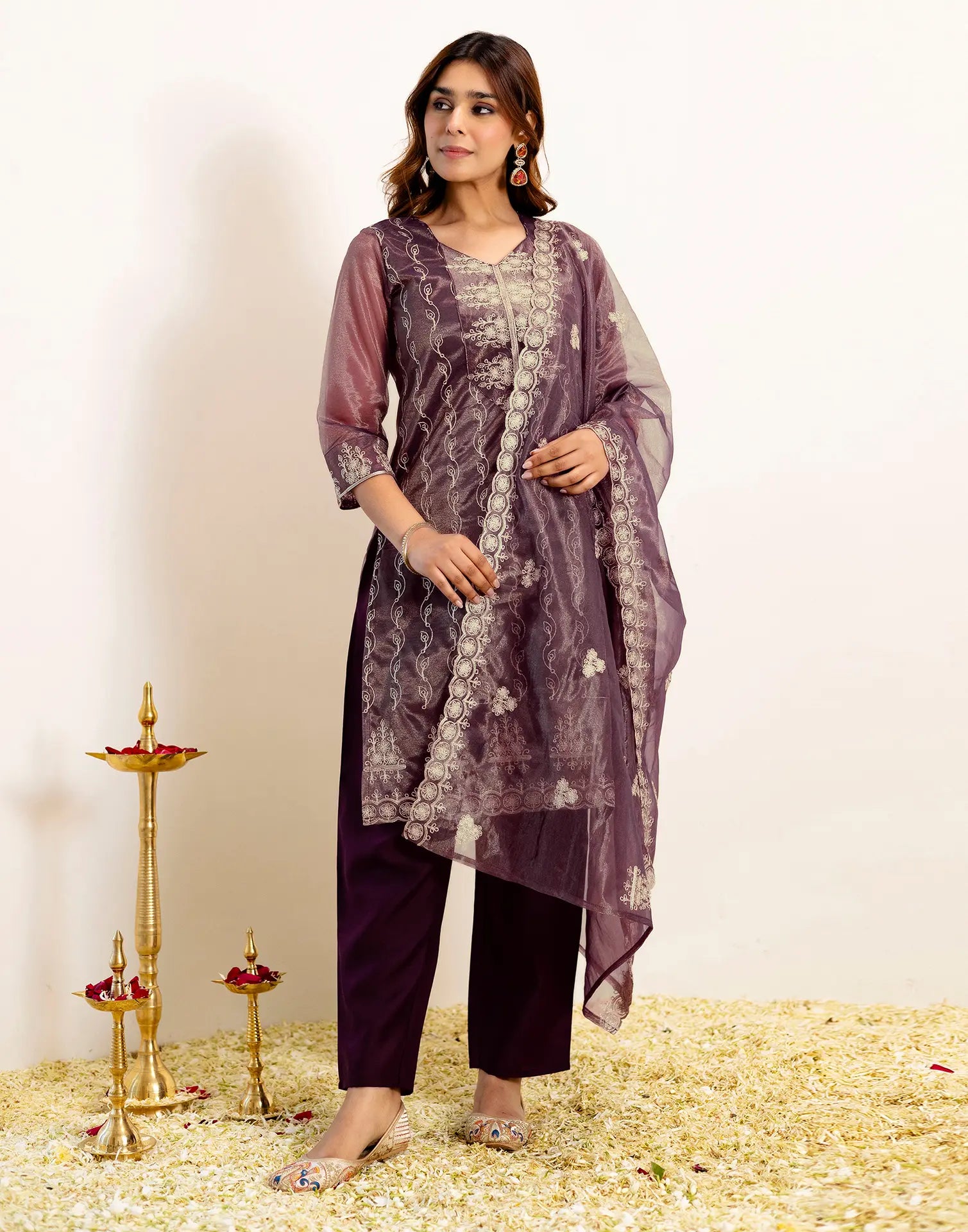 Skylee Net Embroidered Straight 3 Piece Kurta Set For Woman