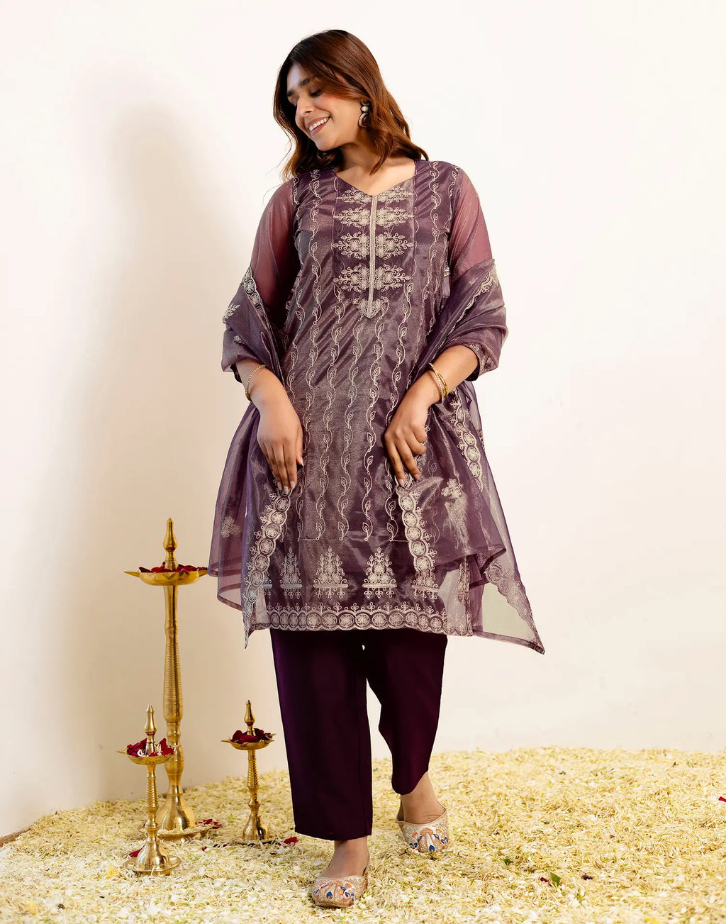Skylee Net Embroidered Straight 3 Piece Kurta Set For Woman