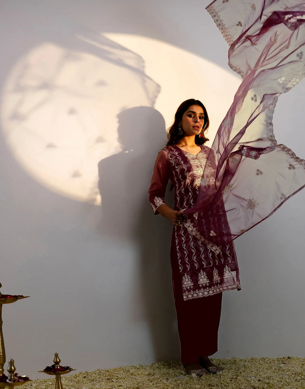 Skylee Net Embroidered Straight 3 Piece Kurta Set For Woman