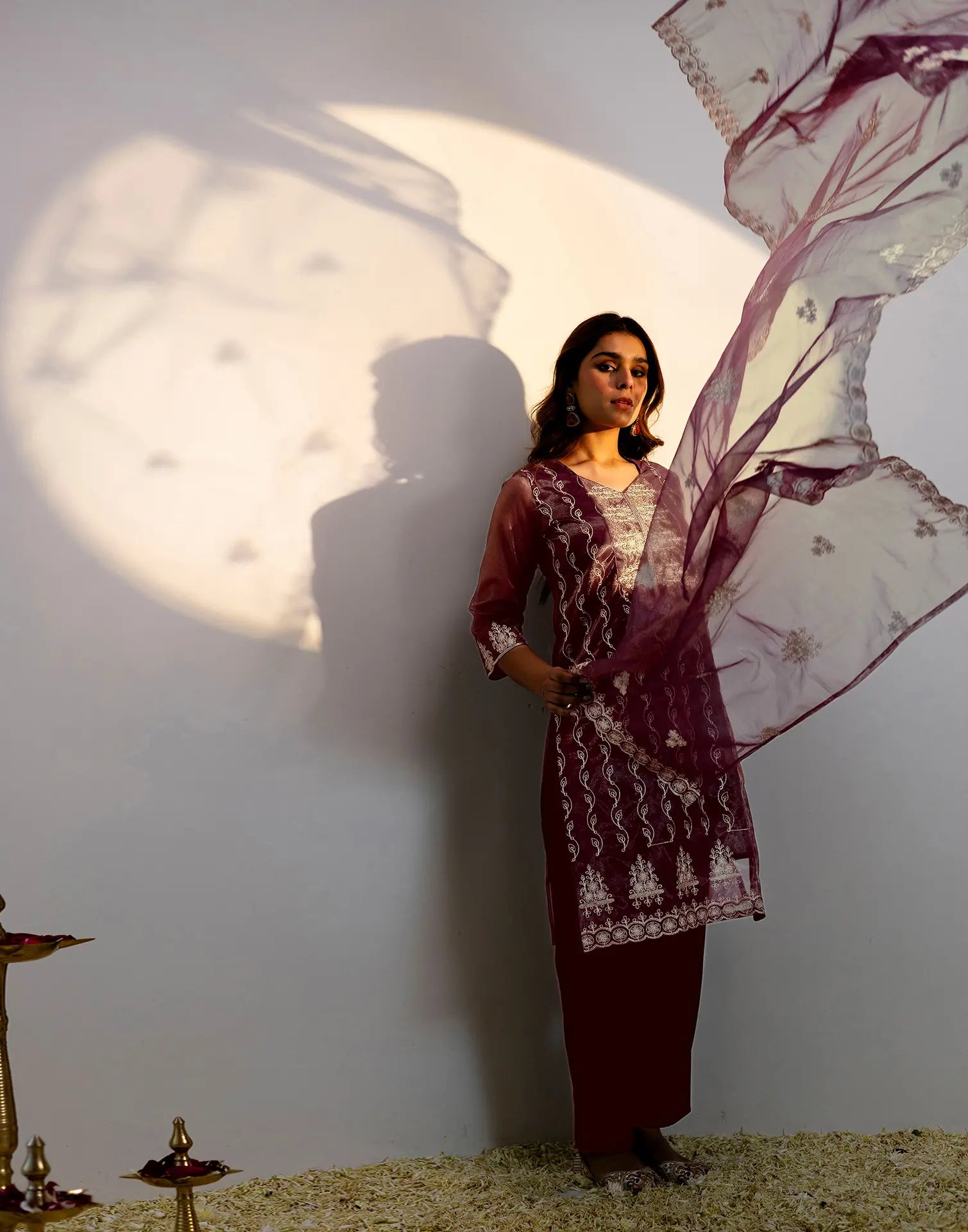 Skylee Net Embroidered Straight 3 Piece Kurta Set For Woman