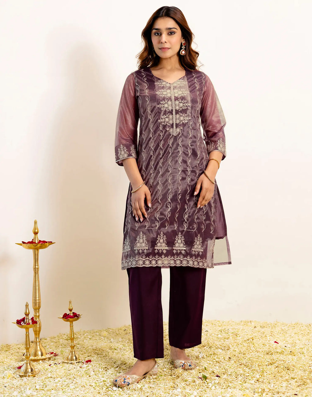 Skylee Net Embroidered Straight 3 Piece Kurta Set For Woman